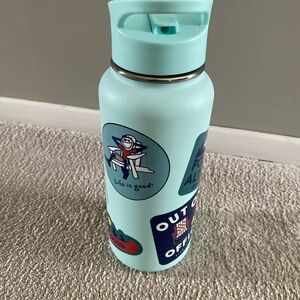 Life Is Good Aqua Stainless 32 oz Water Bottle with Vacation Stickers minor dent